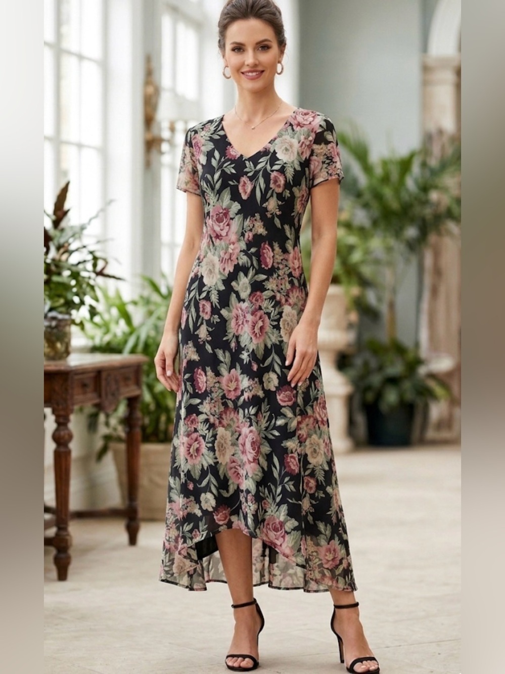 Positive Attitude - Black - Floral High-Low V-Neck Maxi Dress - size 14